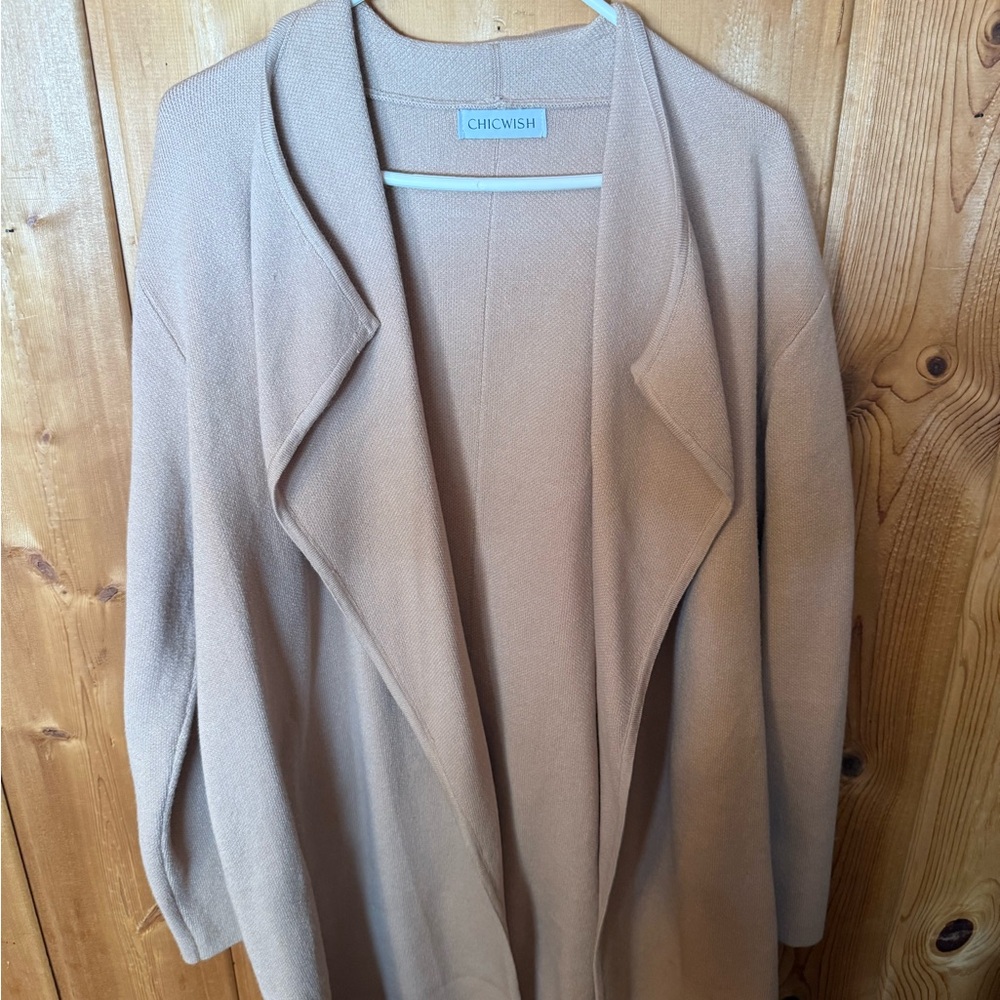 Chicwish Draped Open-Front Cardigan in Camel